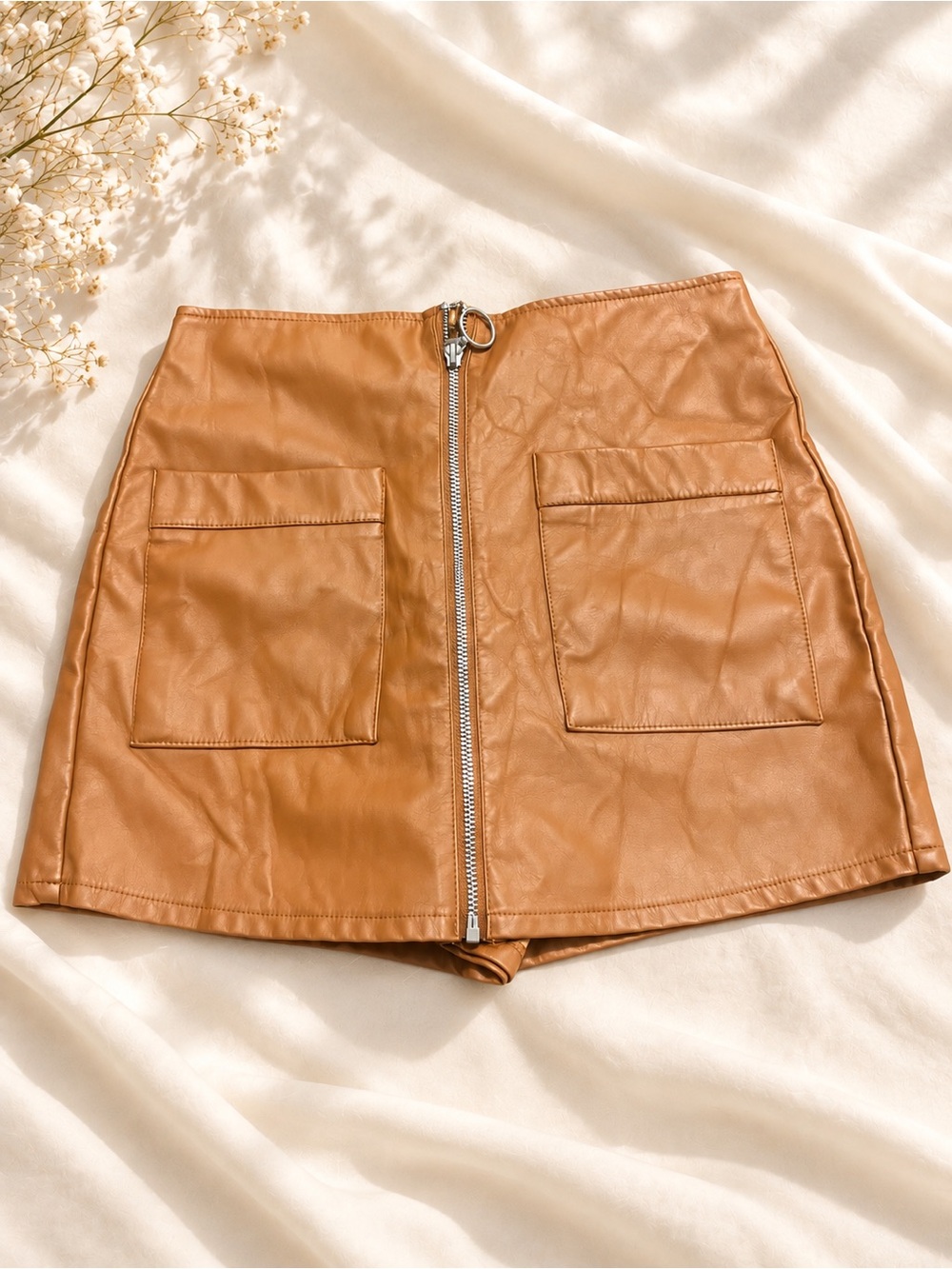 Title: Fashion Nova Cognac Faux Leather Skort with Front & Back Zippers